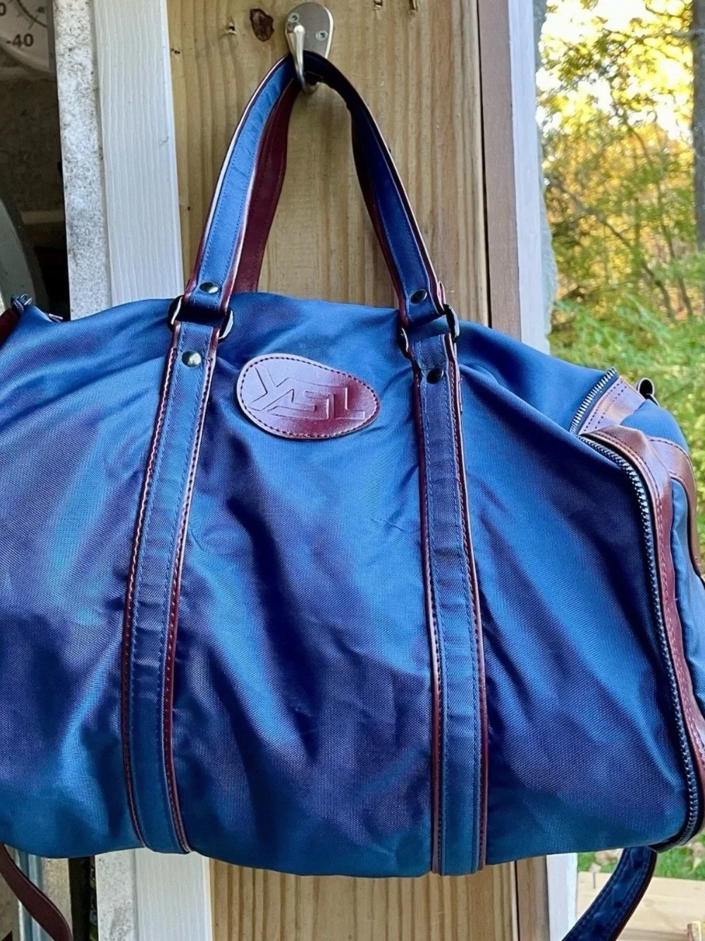 Yves St Laurent YSL Navy Blue Duffel with Brown Leather Trim